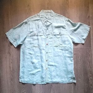 Caribbean Linen Blend Button Down Shirt Large Men‎ Green Short Sleeve Pockets
